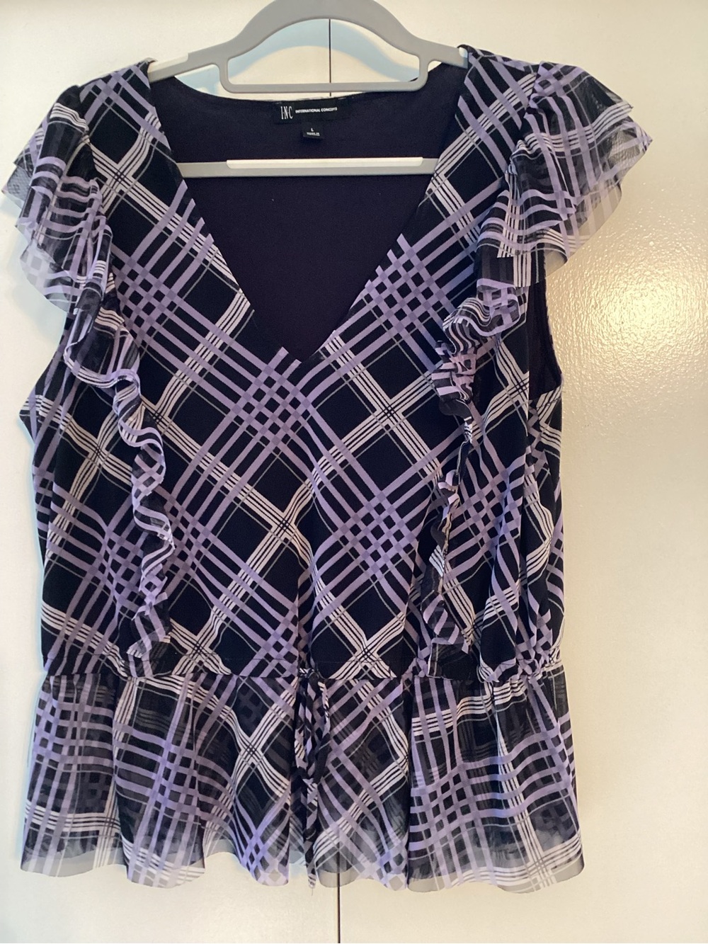 INC International Concepts Black and Lavender Plaid Ruffle V-Neck Top
